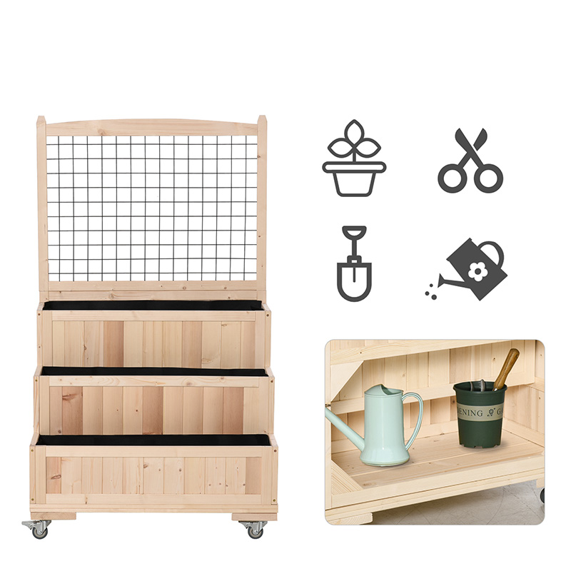 3-poschodová drevená vyvýšená záhradná posteľ s kolieskami, mreža, zadný úložný priestor, ľahko premiestniteľné na kvety, bylinky, prírodné