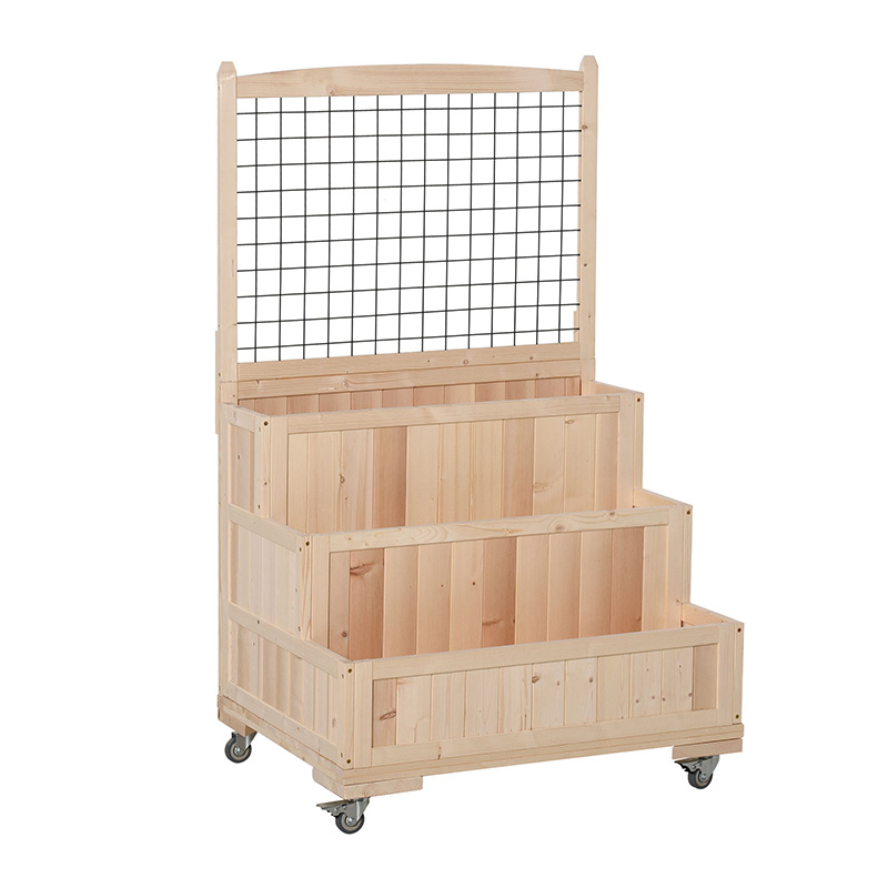 3-poschodová drevená vyvýšená záhradná posteľ s kolieskami, mreža, zadný úložný priestor, ľahko premiestniteľné na kvety, bylinky, prírodné