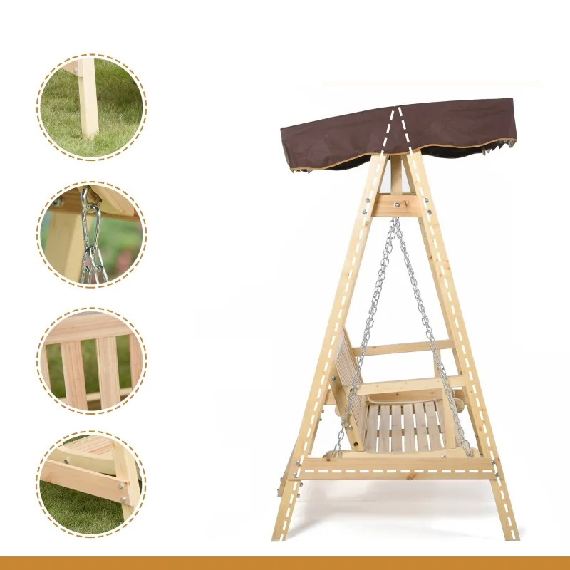 Vonkajšia hojdačka verandová hojdačka pre 2 osoby s dreveným stojanom, silným dizajnom A-rámu a nastaviteľným krytom proti vode