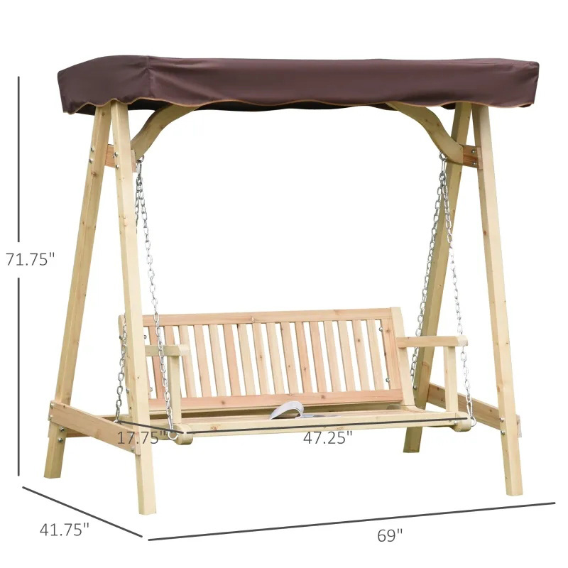 Vonkajšia hojdačka verandová hojdačka pre 2 osoby s dreveným stojanom, silným dizajnom A-rámu a nastaviteľným krytom proti vode