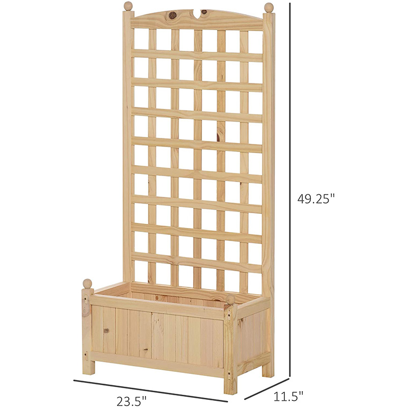 Vyvýšená záhradná posteľ s rozmermi 23,5' x 11,5' x 49,25' s trellis doskou a pevným dreveným dizajnom a materiálmi
