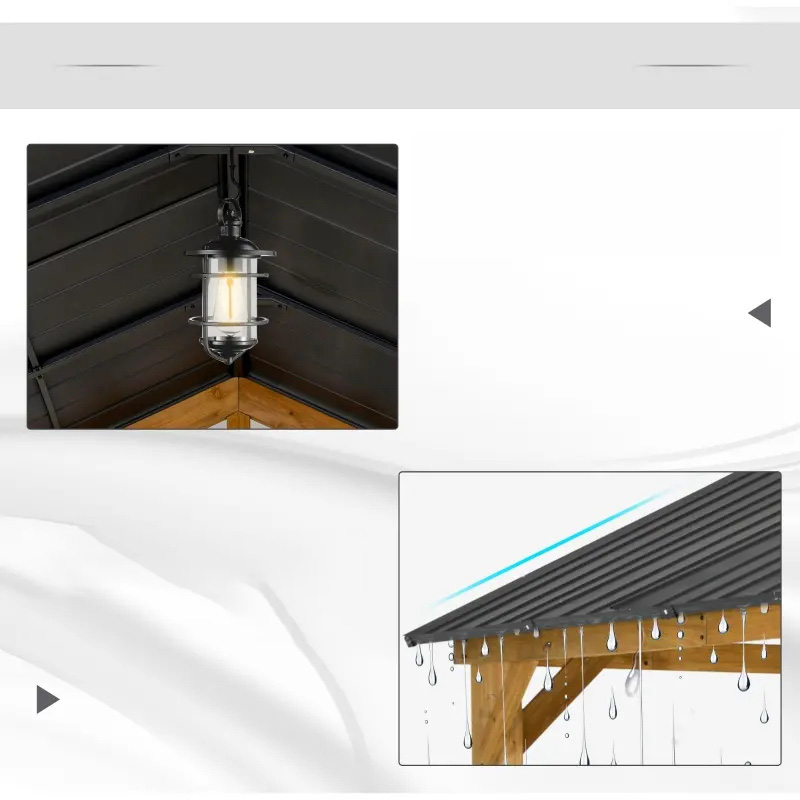 Altánok s pevnou strechou 11x13 s dreveným rámom, pevný kovový strešný altánok so stropným hákom pre záhradu, terasu, dvor