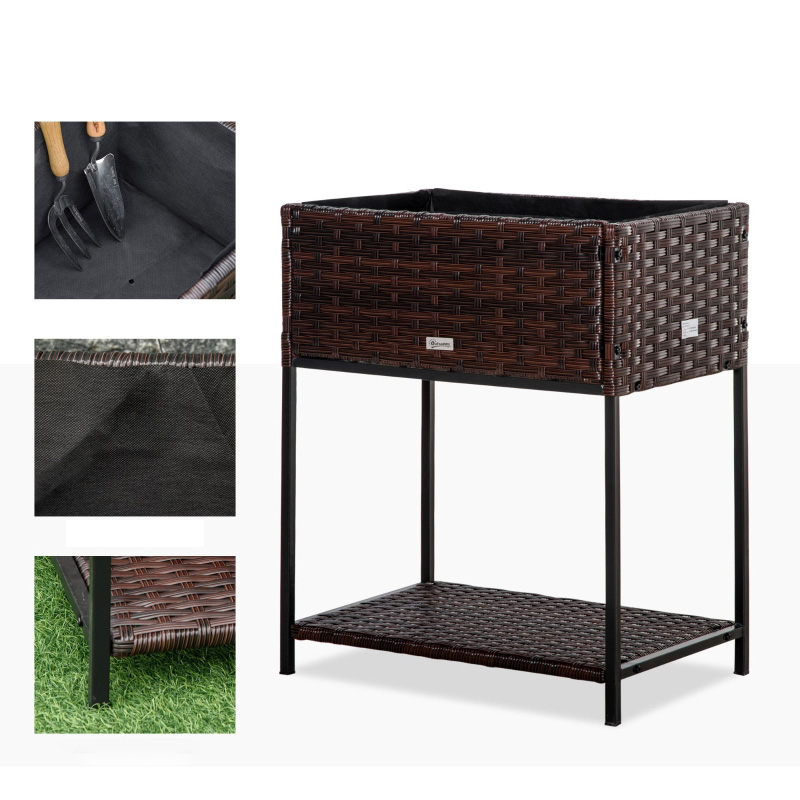 Vnútorný/vonkajší box na kvetináč z ratanu so stojanom na uloženie náradia pod a pevným vyvýšeným pracovným priestorom 28' H