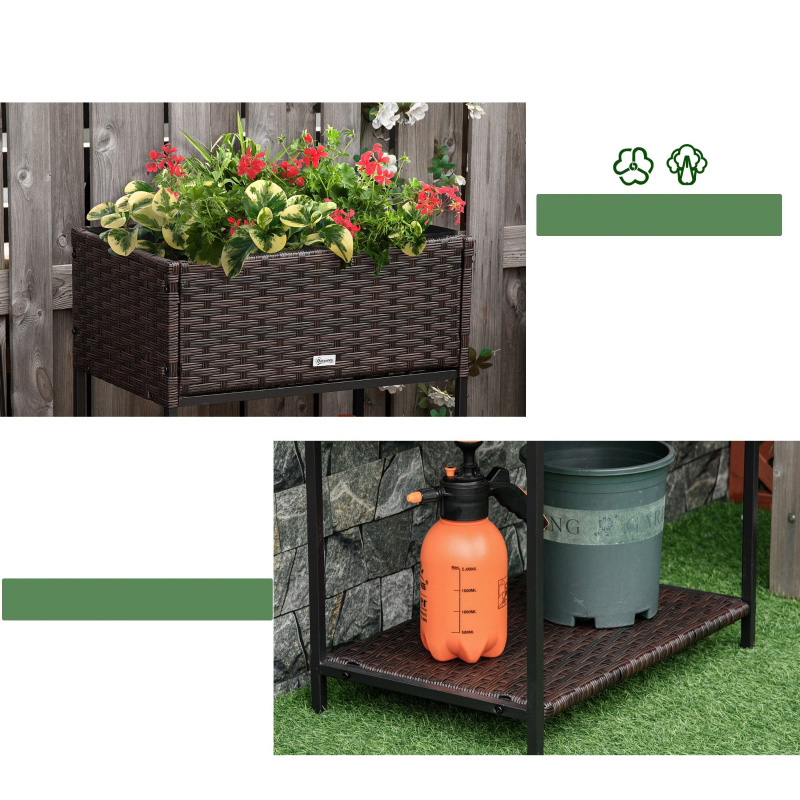 Vnútorný/vonkajší box na kvetináč z ratanu so stojanom na uloženie náradia pod a pevným vyvýšeným pracovným priestorom 28' H