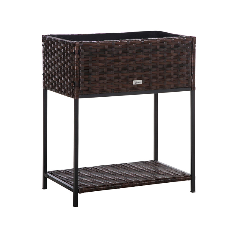 Vnútorný/vonkajší box na kvetináč z ratanu so stojanom na uloženie náradia pod a pevným vyvýšeným pracovným priestorom 28' H