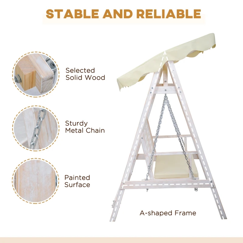 Vonkajšia hojdačka verandová hojdačka pre 2 osoby s dreveným stojanom, silným dizajnom A-rámu a nastaviteľným krytom proti vode